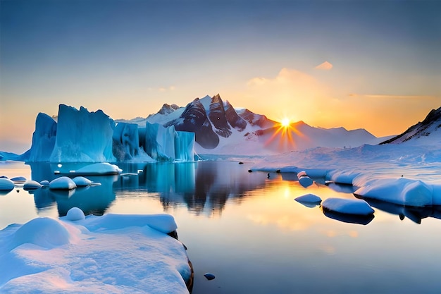 Le soleil se couche sur un iceberg