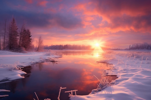 Le soleil se couche sur un lac gelé.