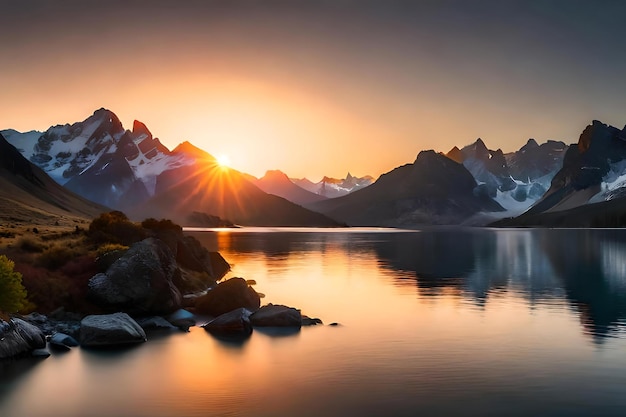 Le soleil se couche sur un lac de montagne