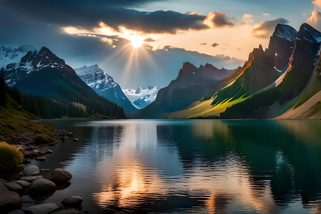 Le soleil se couche sur un lac de montagne