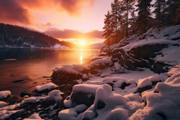 Photo le soleil se couche sur un lac avec de la neige sur les rochers.