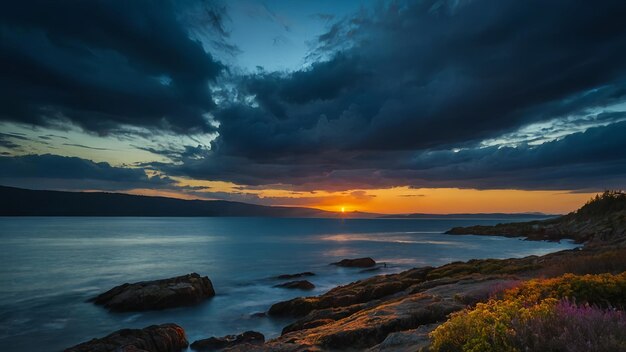 Photo le soleil se couche sur le lac paisible