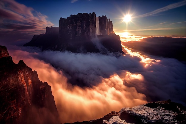 Le soleil se couche sur les montagnes au-dessus des nuages ai générative