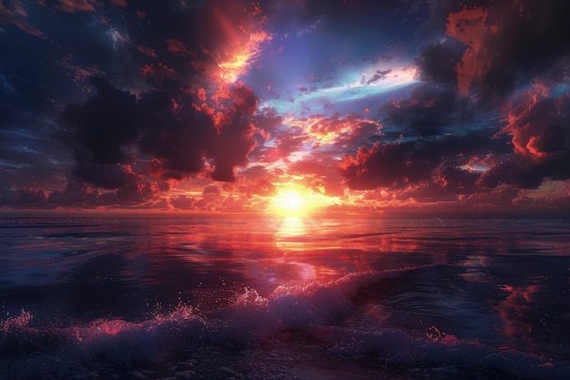 Le soleil se couche sur l'océan avec des nuages