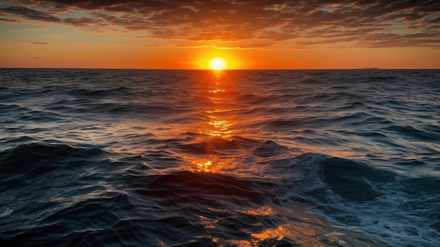 Le soleil se couche sur l'océan et l'océan est visible.