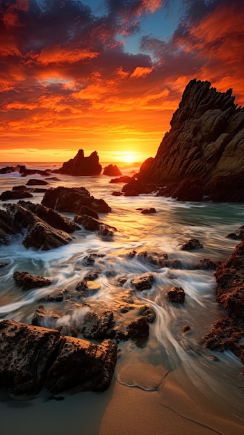Le soleil se couche sur l'océan avec les rochers au premier plan.