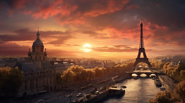 le soleil se couche sur paris, ville d'histoire