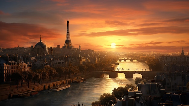 Photo le soleil se couche sur paris, ville d'histoire