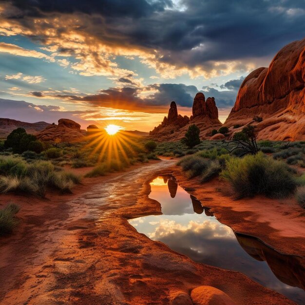 le soleil se couche sur un petit jet d'eau