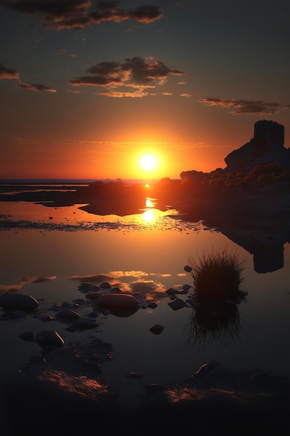 Le soleil se couche sur un plan d'eau ai génératif