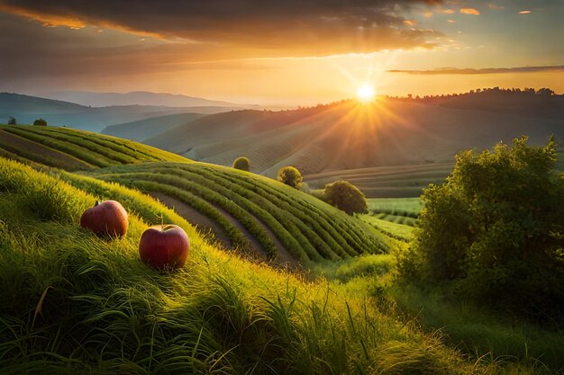 le soleil se couche sur une plantation de thé.