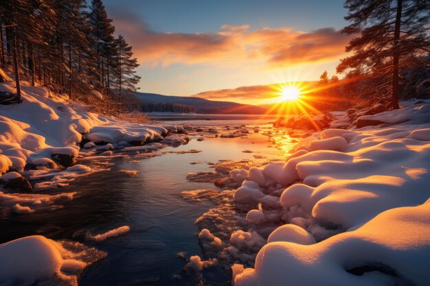 Photo le soleil se couche sur une rivière enneigée