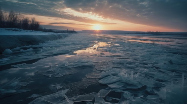 Le soleil se couche sur la rivière gelée