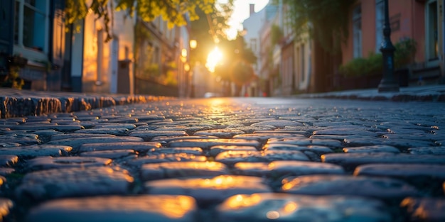 Photo le soleil se couche sur une rue pavée ia générative