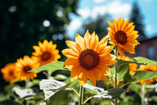 Le soleil se couche sous les tournesols en fleurs