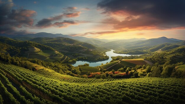 le soleil se couche sur un vignoble.