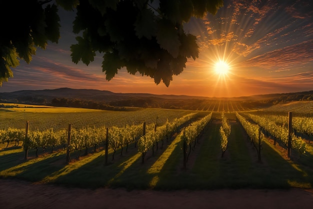 Le soleil se couche sur un vignoble