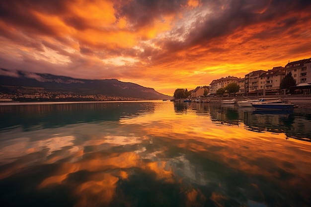 Le soleil se couche sur la ville côtière