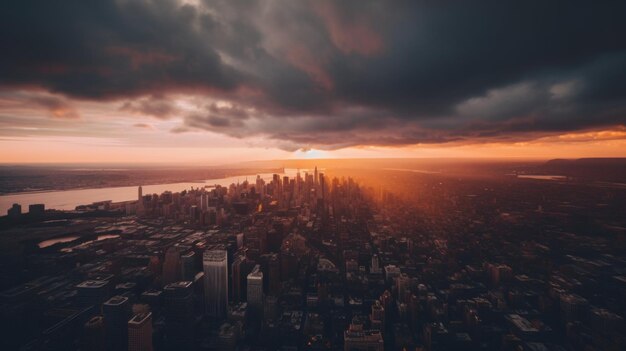 Le soleil se couche sur la ville de new york image générative ai