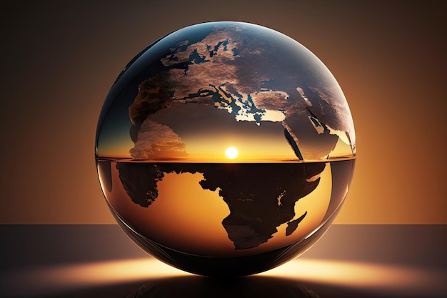 Un soleil se levant sur un globe avec un effet de parallaxe créant l'illusion de profondeur et de perspective