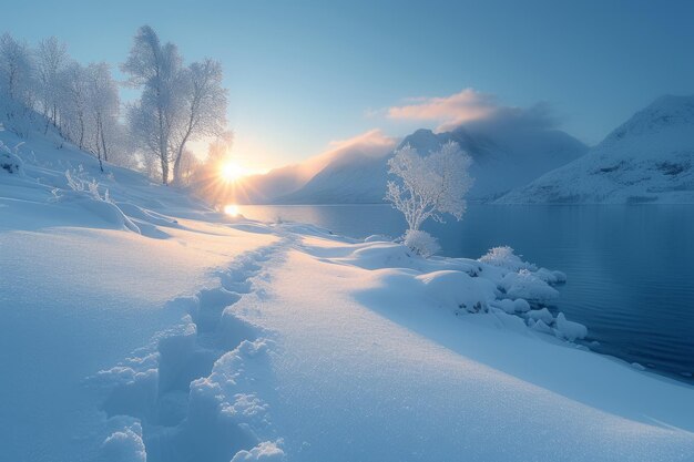 Le soleil se lève sur un lac couvert de neige et des arbres.