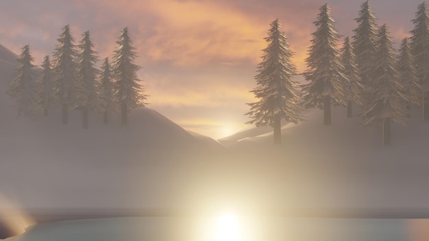 Le soleil se lève sur une montagne de pins enneigés et un lac (Rendu 3D)