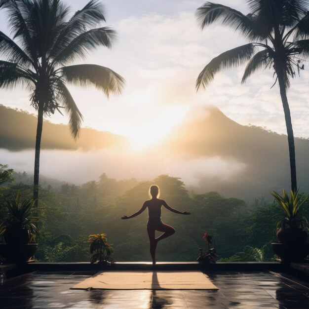 Le soleil se lève, la sérénité, le yoga en plein air au milieu d'un paysage montagneux tropical