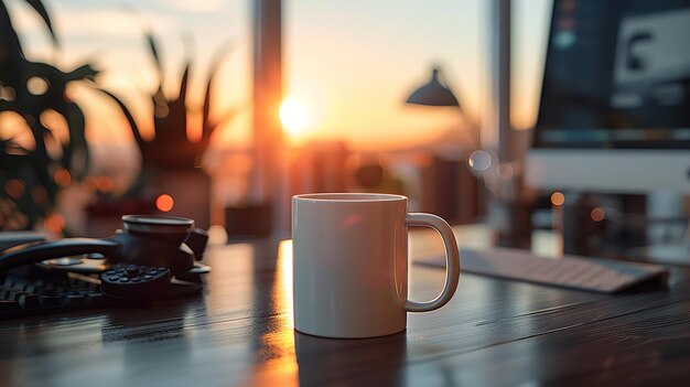 Photo le soleil se lève sur une table en bois noir avec un ordinateur, un téléphone et une tasse de café.