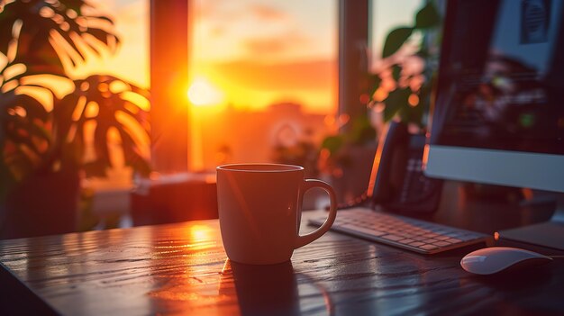 Photo le soleil se lève sur une table en bois noir avec un ordinateur, un téléphone et une tasse de café.