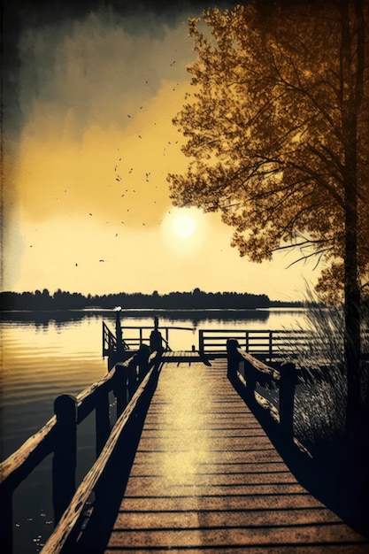 Le soleil tombe sur le quai du lac dans le style du symbolisme naturel calme et méditatif