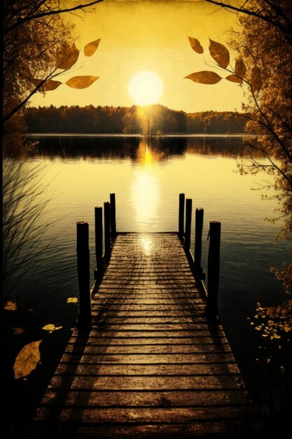 Photo le soleil tombe sur le quai du lac dans le style du symbolisme naturel calme et méditatif