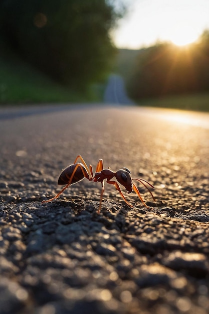 Le soleil vient de se lever et une petite fourmi est à la recherche de nourriture sur la route