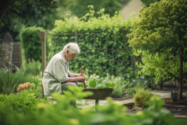 Solitude dans le jardin Personne âgée s'occupant des plantes dans un jardin paisible