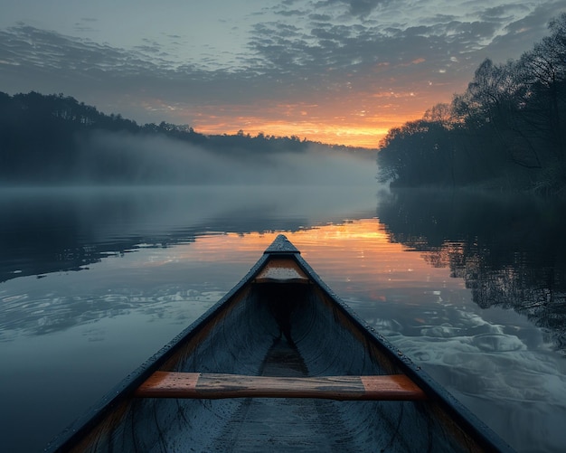 Photo la solitude paisible d'un canot sur un lac brumeux à l'aube