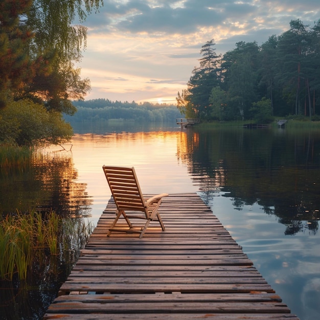 Solitude paisible Quai en bois et chaise longue sur un lac calme Pour la taille des publications sur les réseaux sociaux