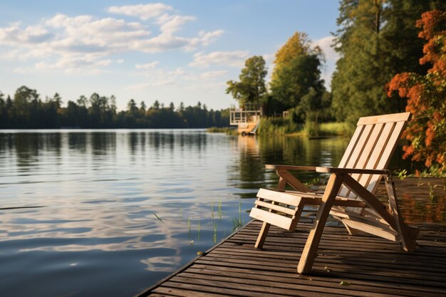 Solitude paisible Quai en bois et chaise longue sur un lac calme