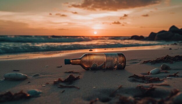 Photo solitude sur la plage naufragée message sos en bouteille généré par l'ia