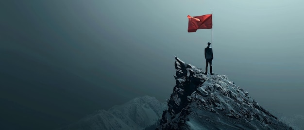 La solitude sereine d'un sommet de montagne au crépuscule avec un personnage solitaire et un drapeau rouge évoque un sentiment d'accomplissement et de paix