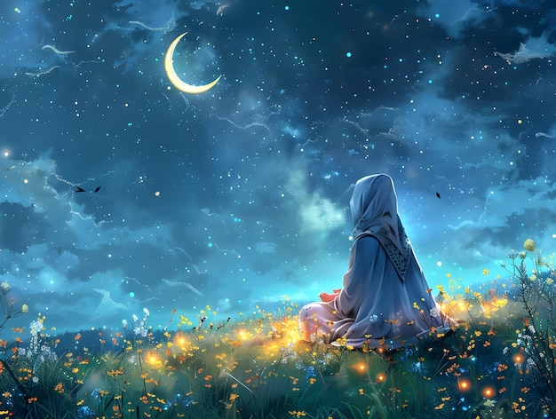 La solitude sereine Une veillée nocturne mystique au milieu des lucioles étincelantes et du croissant de lune