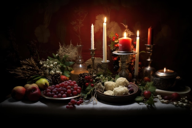 Photo solstice d'hiver célébration de yule table de nourriture païenne préchrétienne traditionnelle pour la fête de yule