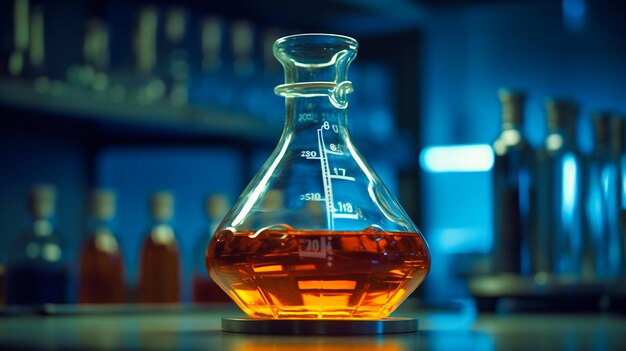 Une solution orange dans un flacon en verre scientifique dans un laboratoire d'école de chimie bleu mettant en valeur l'attrait visuel et le contraste des couleurs de l'expérimentation scientifique