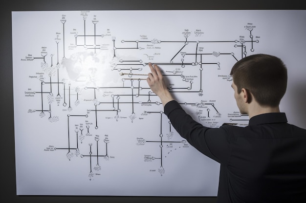 Solutions d'affaires Un homme méconnaissable pointant vers un organigramme sur un tableau blanc