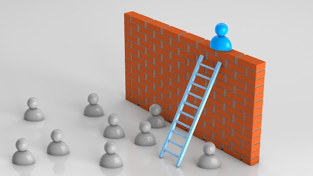 Solutions aux problèmes commerciaux L'homme d'affaires a monté les escaliers jusqu'au mur de briques avec succès