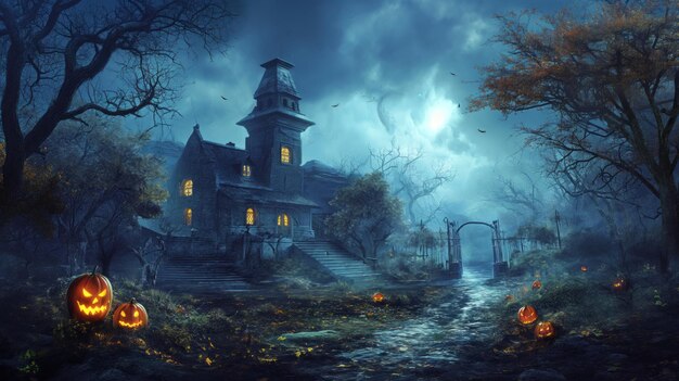 Le sombre château sinistre se dresse haut parmi les arbres denses d'une forêt créant une atmosphère mystérieuse et étrange
