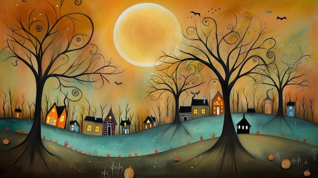 Sombre conte de fées fantastique forêt mystérieuse Forêt mystique illustration dessin animé paysage de style pour fond d'halloween AI générative