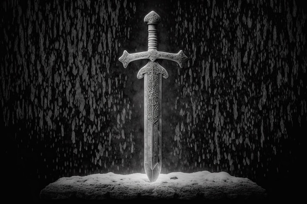 Sombre et mystique cette image d'une épée d'argent sur un fond noir enneigé évoque des images