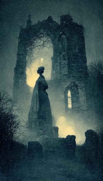 Sombre paysage sombre vieux style de photo victorienne Fantômes dans les ruines de l'église abandonnée illustration 3D