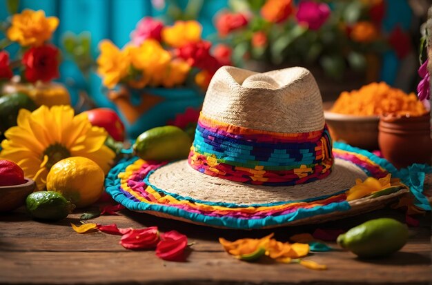 Le sombrero Cinco de Mayo repose sur une table à côté d'un bol de citrons verts