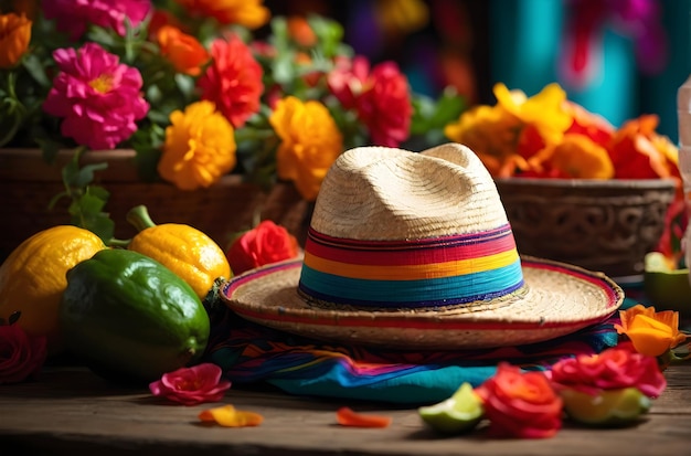 Le sombrero Cinco de Mayo repose sur une table à côté d'un bol de citrons verts