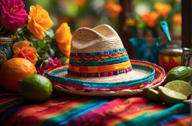 Le sombrero Cinco de Mayo repose sur une table à côté d'un bol de citrons verts